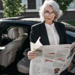 Elegant senior woman in formal attire reading a newspaper next to a luxury car outdoors.